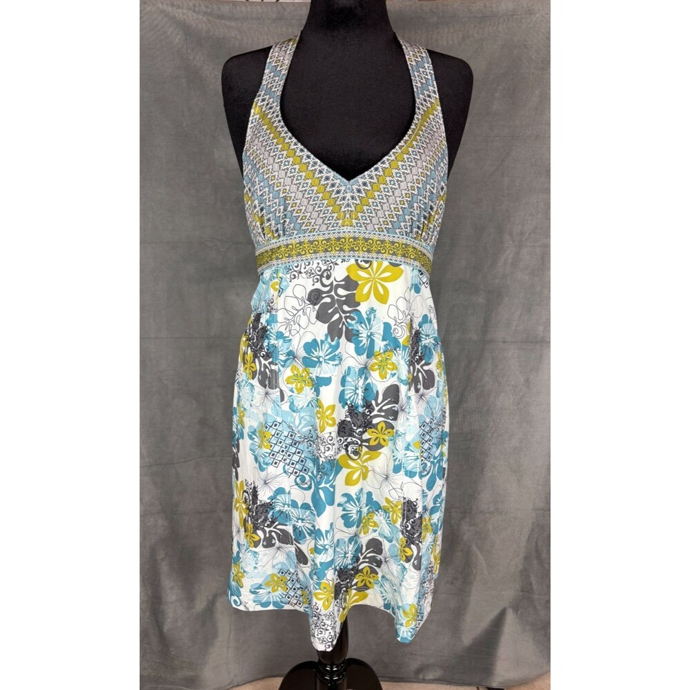 Athleta Pack Everywhere Halter Sundress Size 12/14 Blue Floral Print Resort Vaca